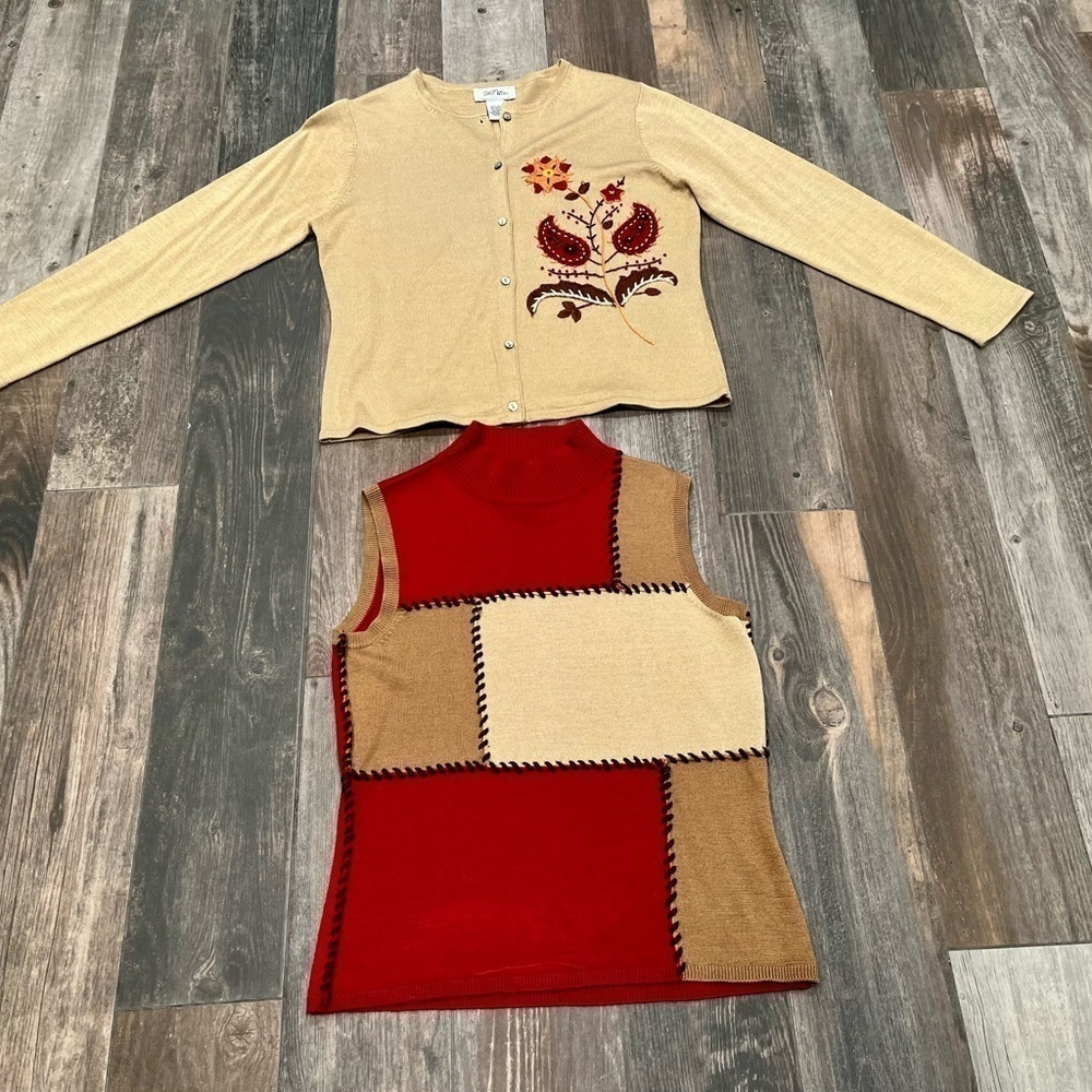 Bob Mackie Sweater Set Medium Colorblock Embroidered Wool Blend Red Brown Floral
